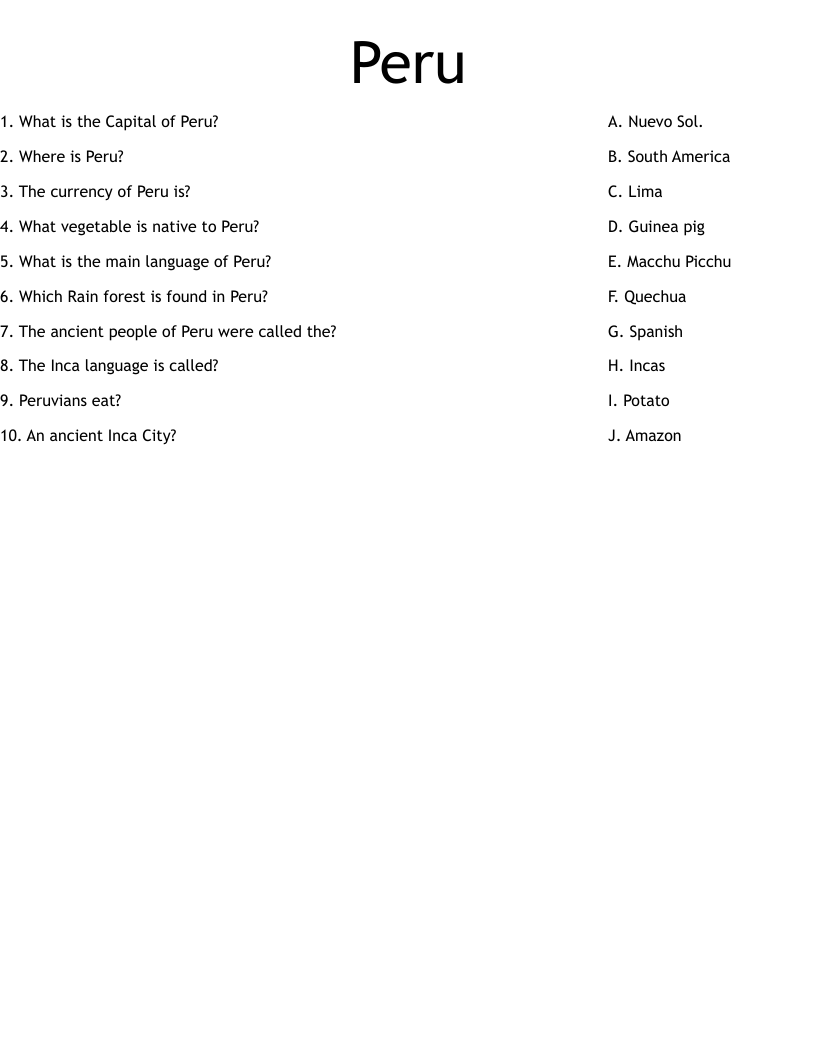 Peru Worksheet