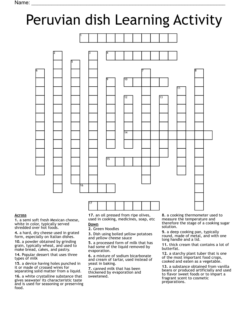 Peruvian dish Learning Activity Crossword