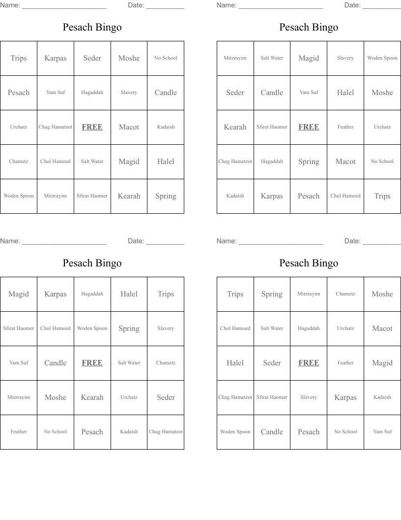 Pesach Bingo