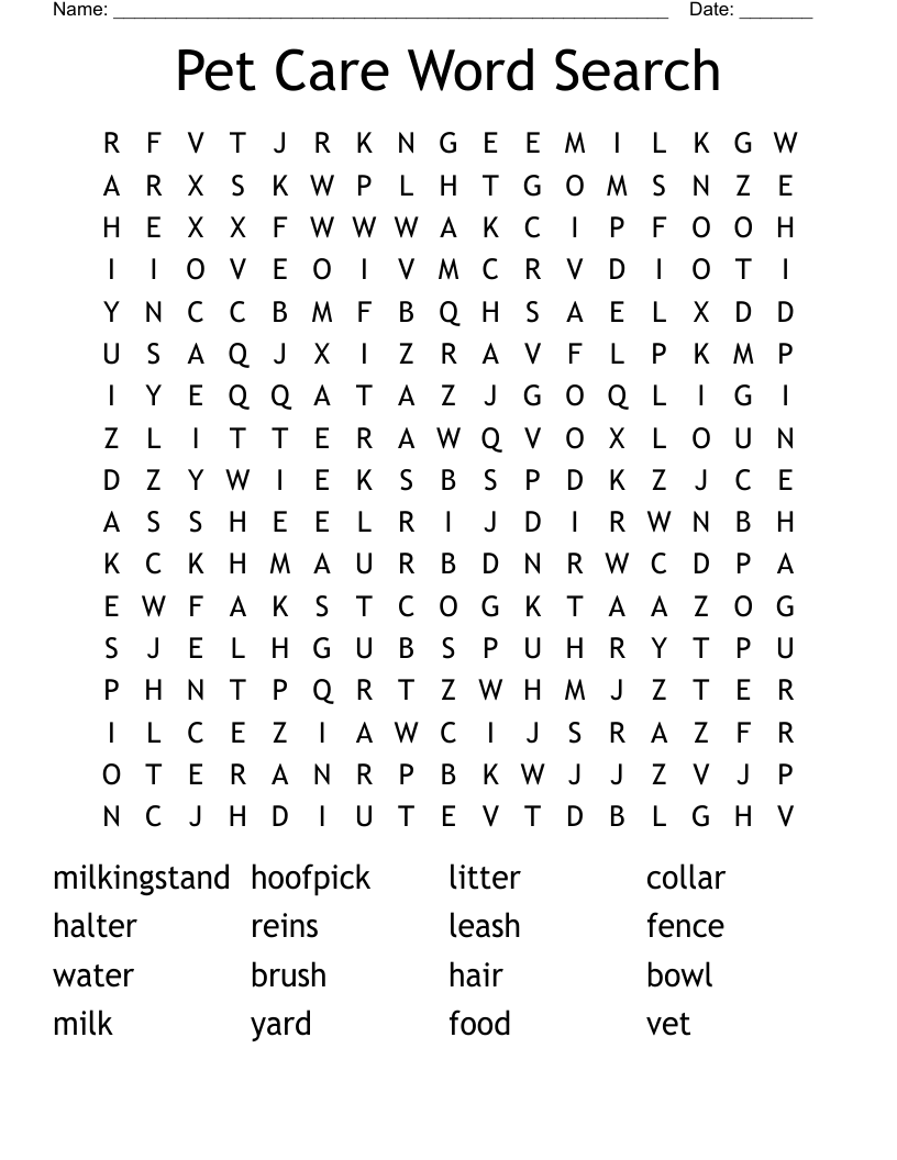 Pet Care Word Search