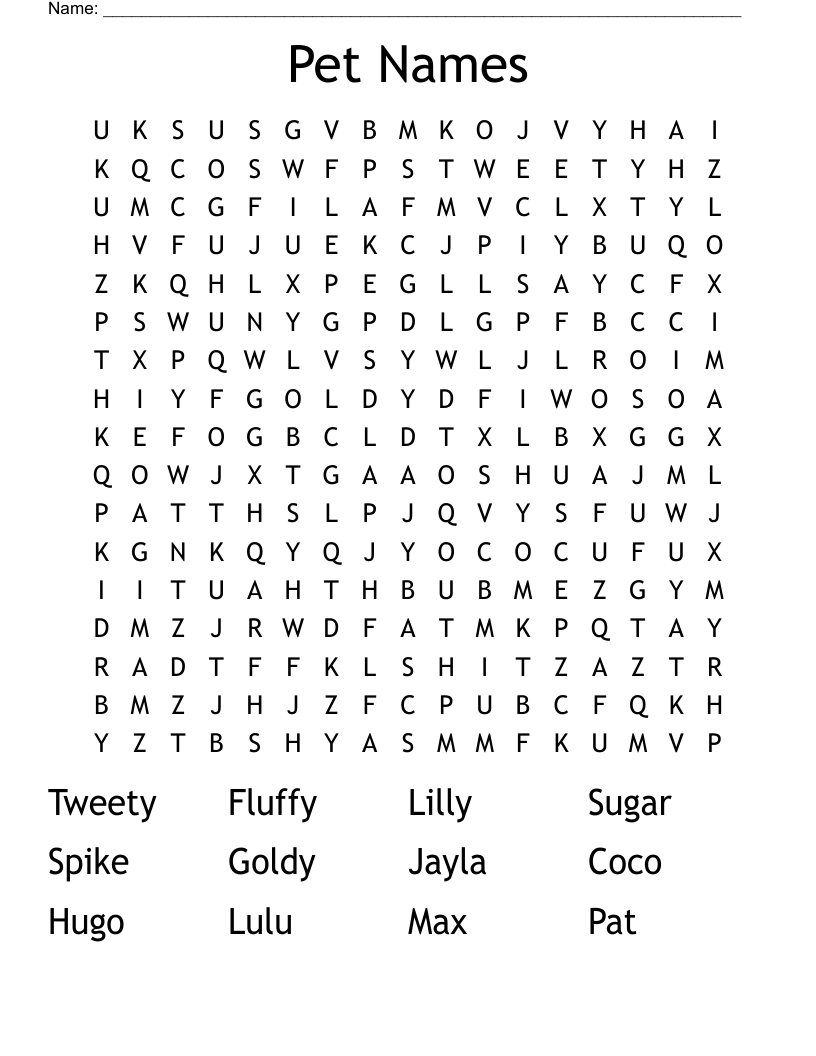 Pet Names Word Search