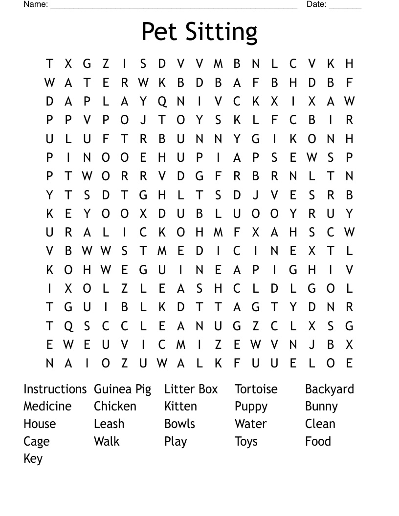 Pet Sitting Word Search
