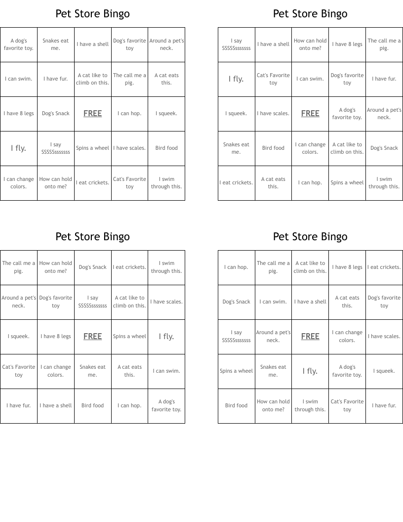 Pet  Store Bingo