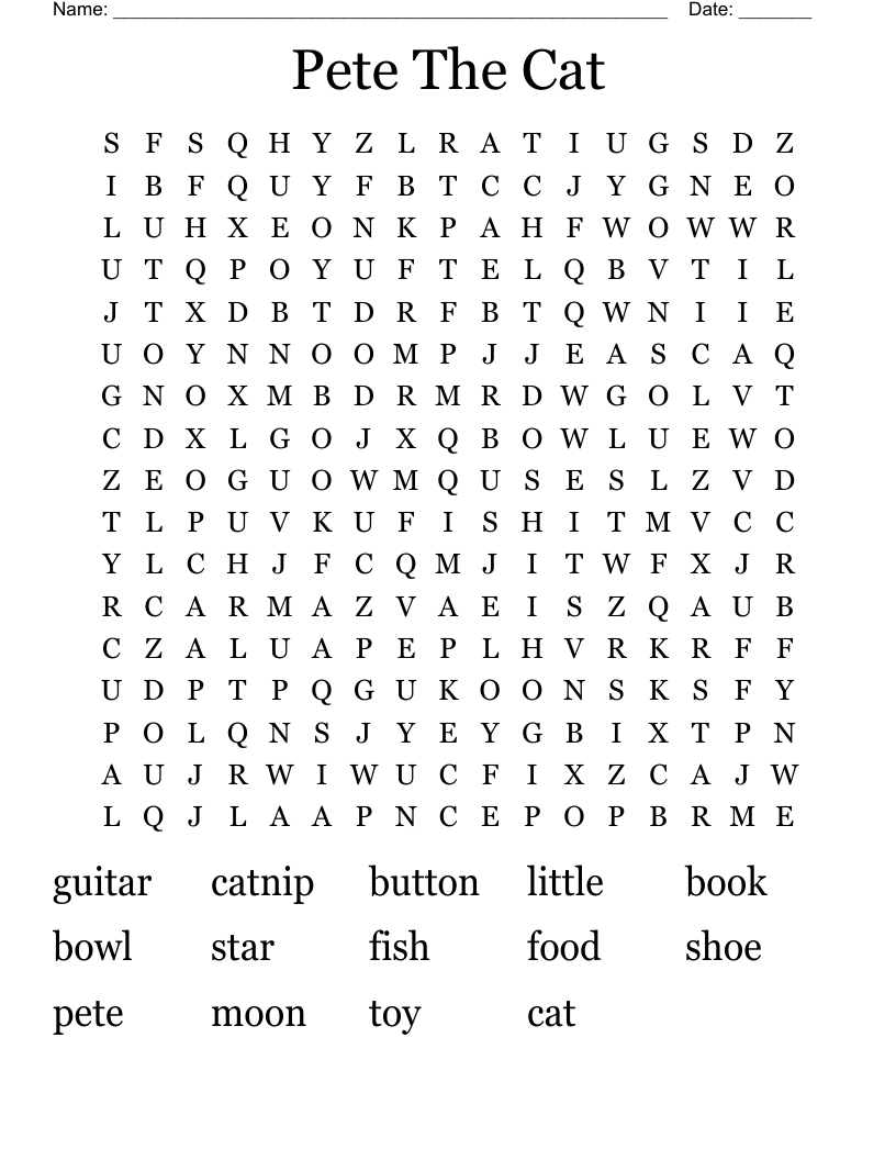 Pete The Cat Word Search