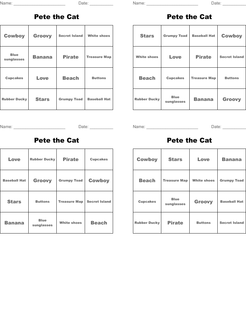 Pete the Cat Bingo Cards