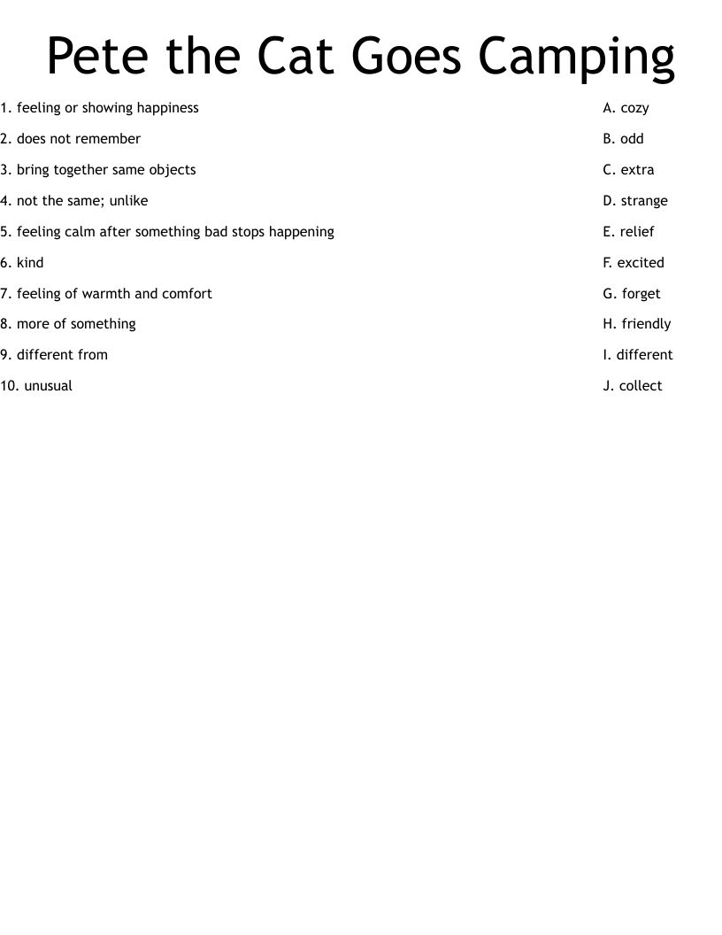 Pete the Cat Goes Camping Worksheet