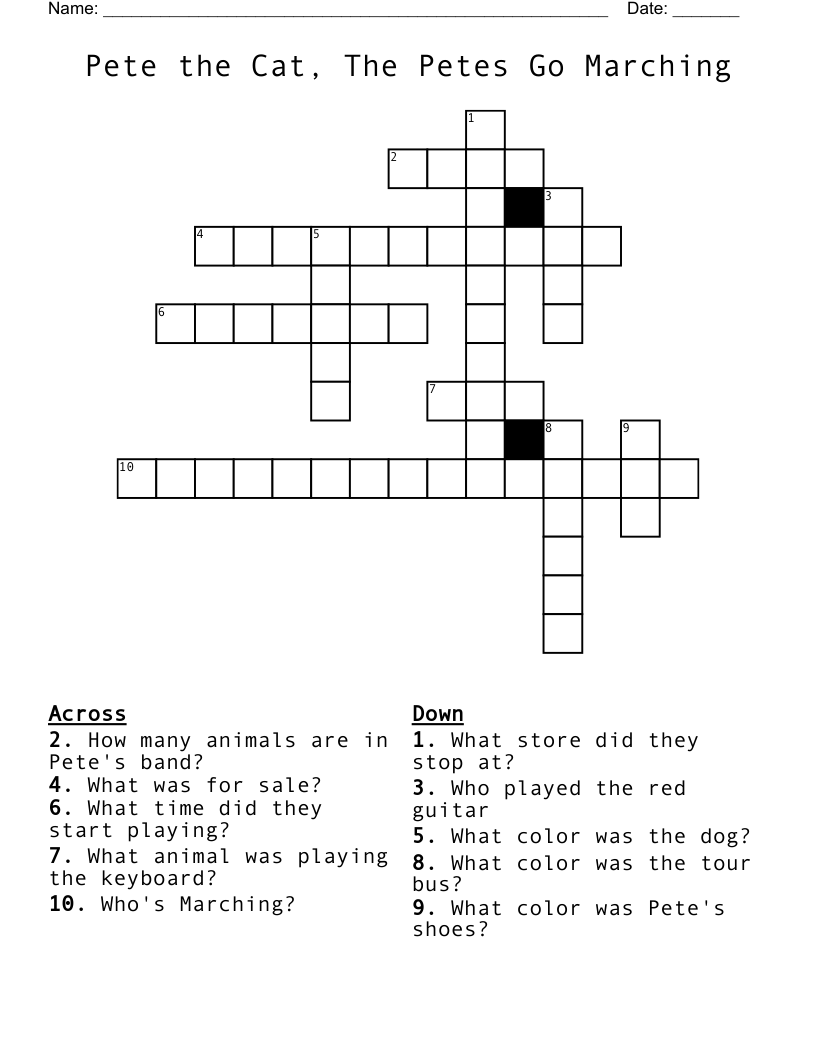 Pete the Cat, The Petes Go Marching Crossword