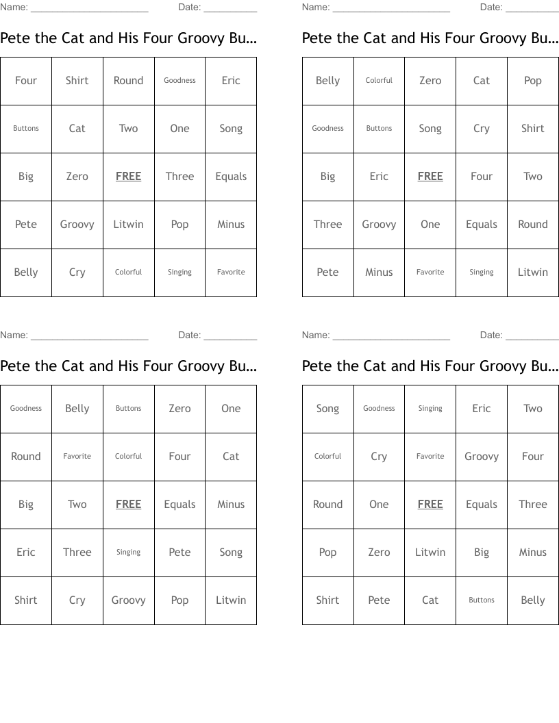 Pete the Cat and His Four Groovy Buttons! BINGO