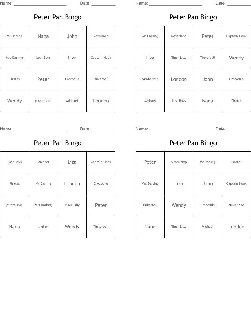 Peter Pan Bingo