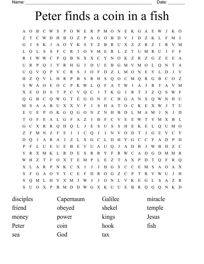 Peter finds a coin in a fish Word Search