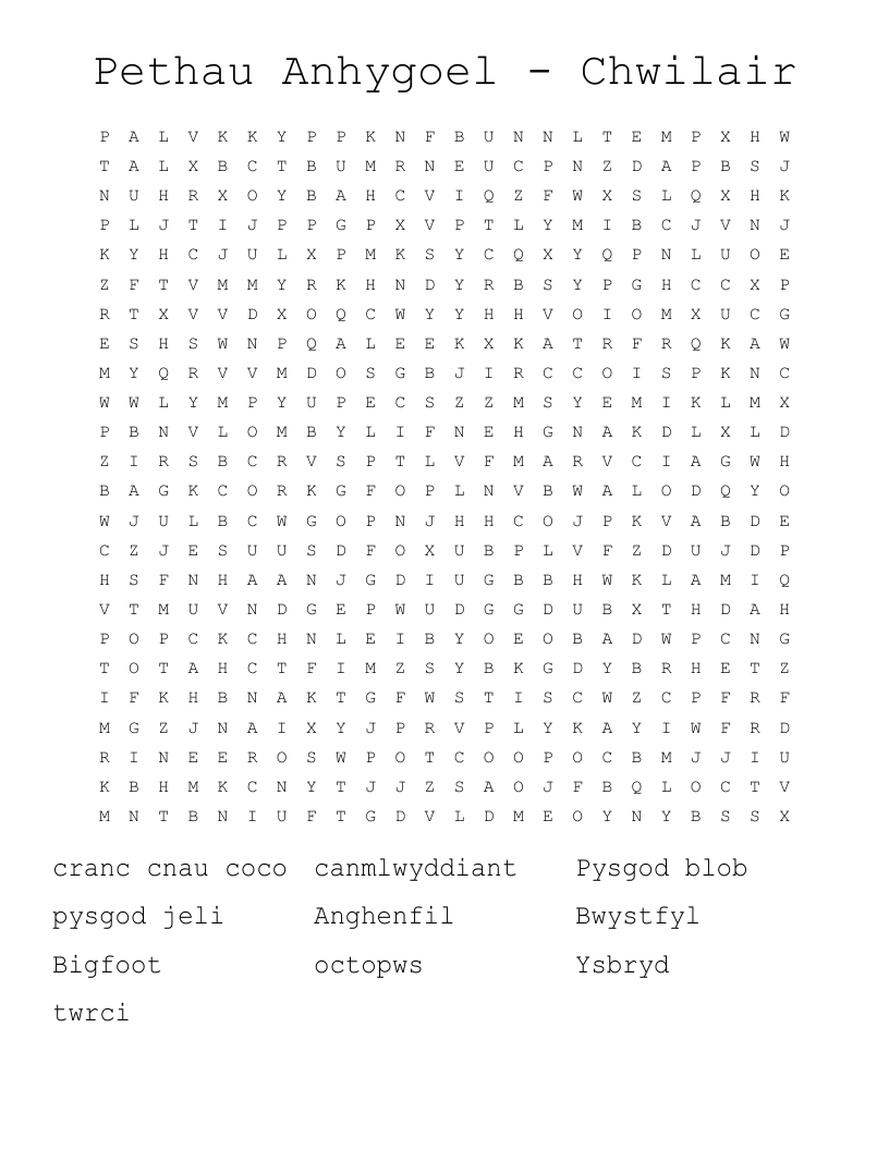 Pethau Anhygoel - Chwilair Word Search
