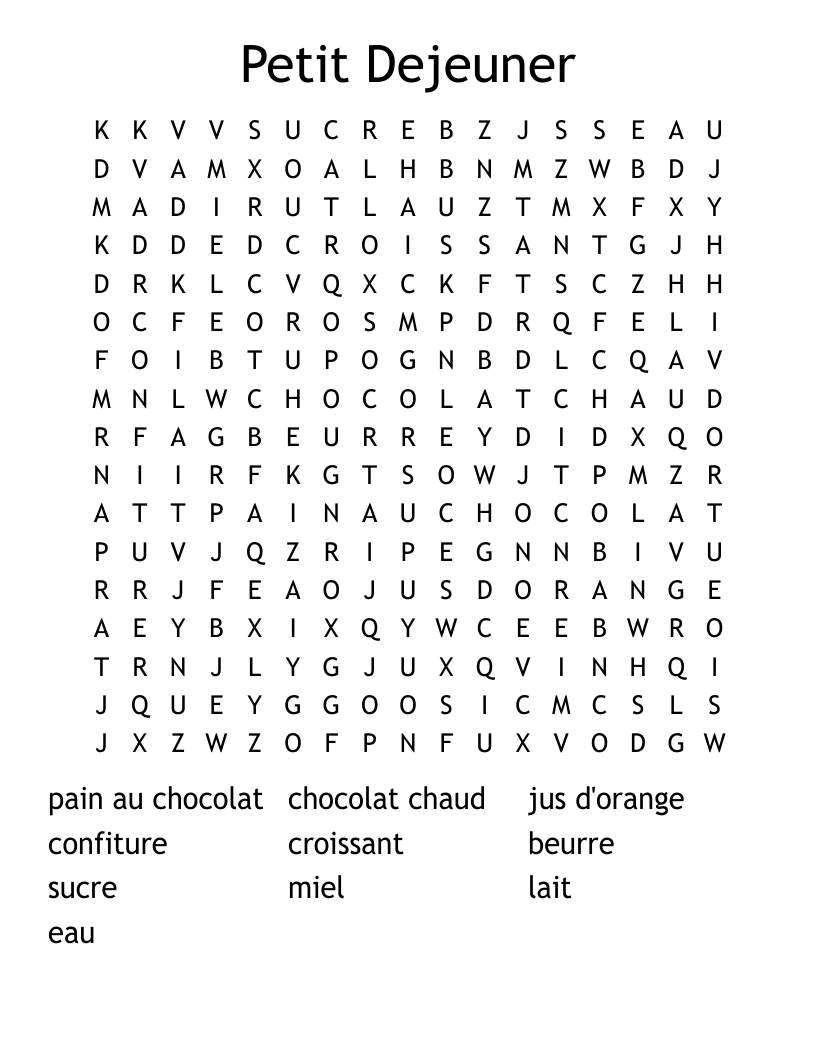 Petit Dejeuner Word Search