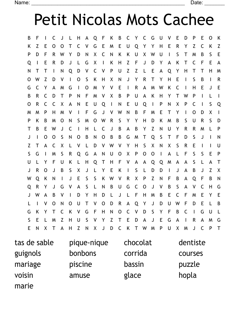 Petit Nicolas Mots Cachee Word Search