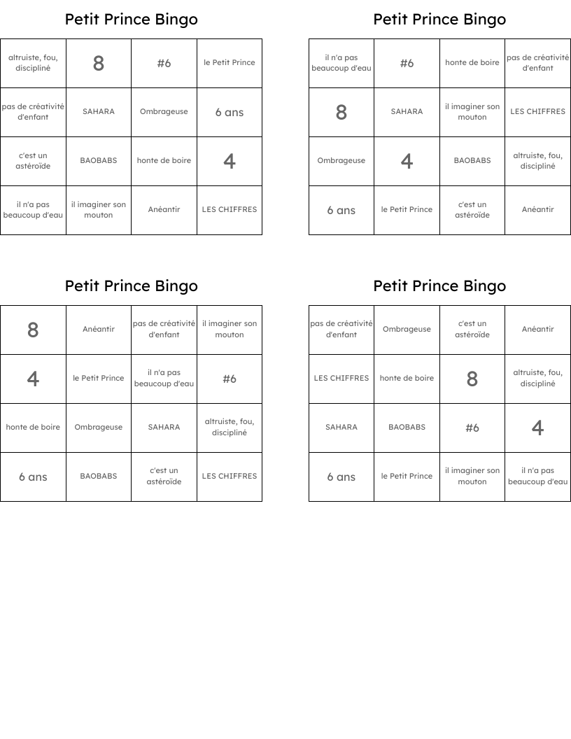 Petit Prince Bingo 