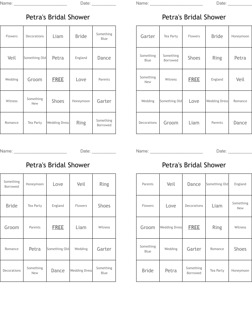 Petra's Bridal Shower Bingo Cards