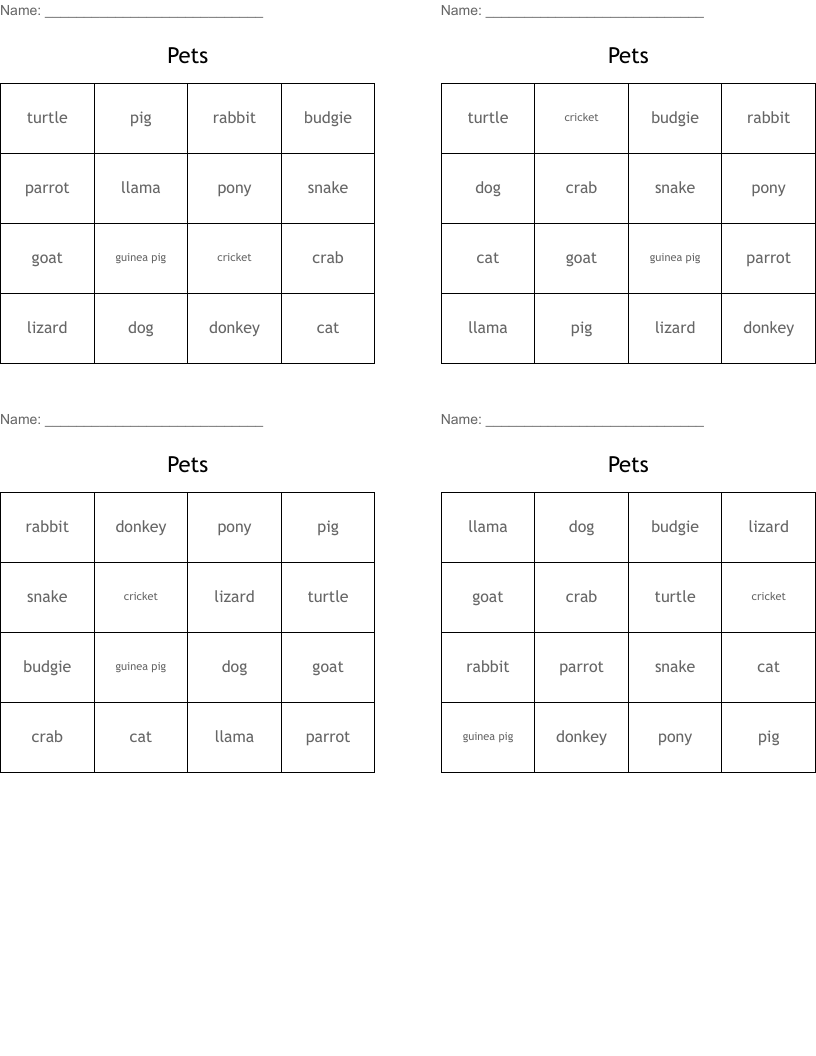 Pets Bingo Cards
