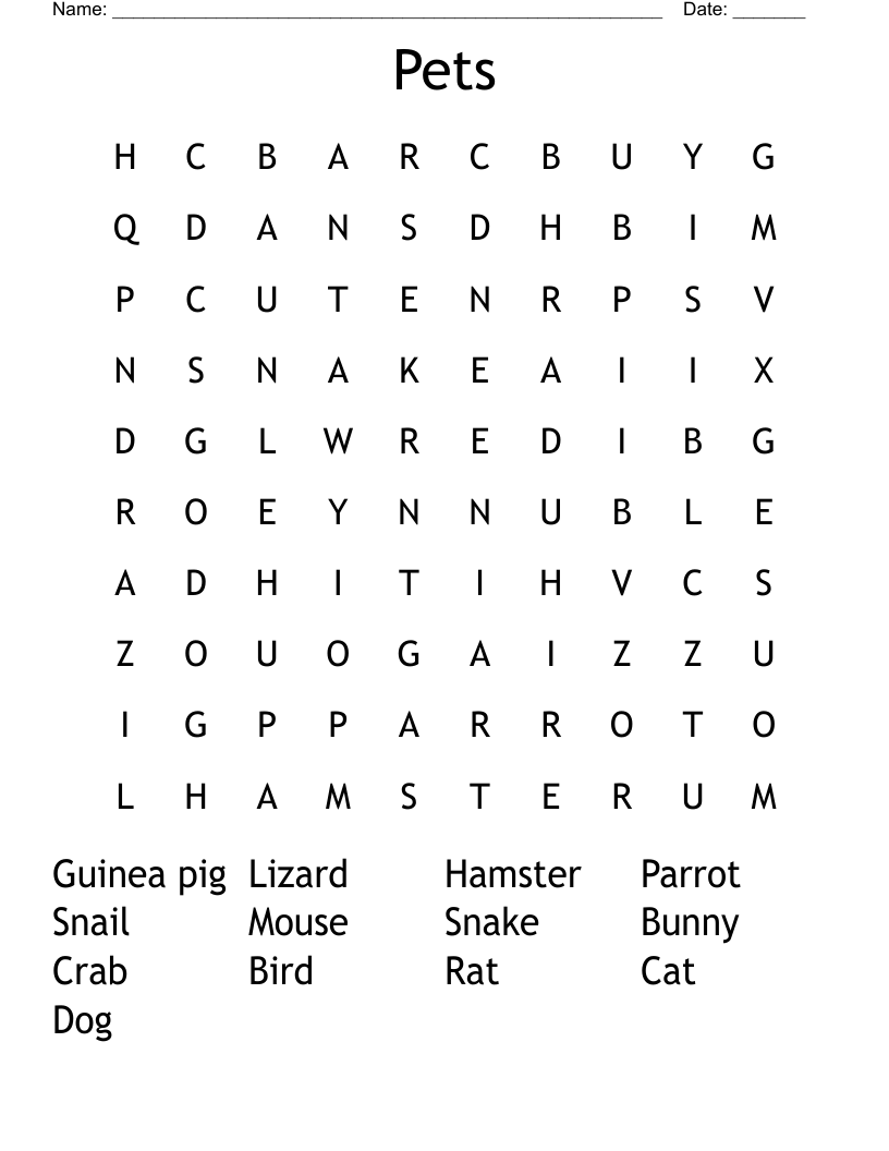 Pets Word Search