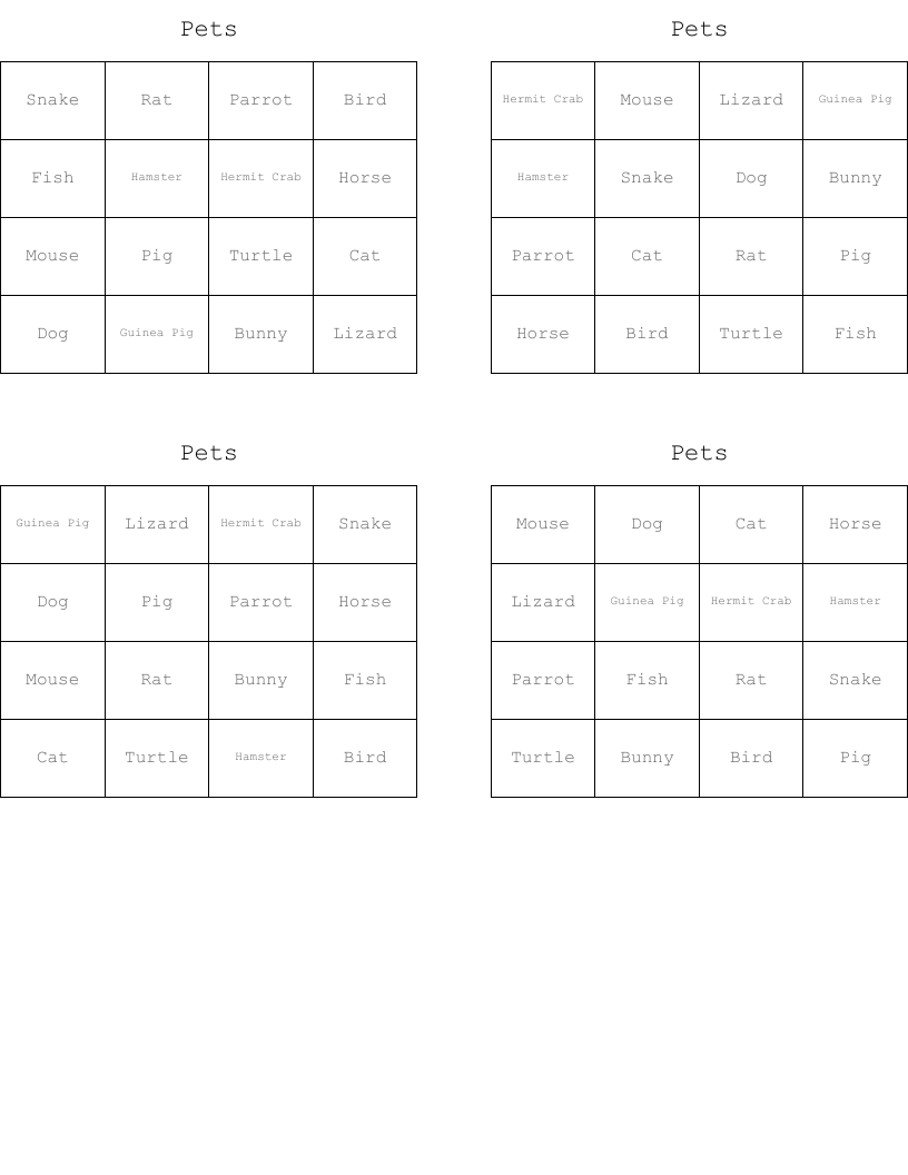 Pets Bingo Cards
