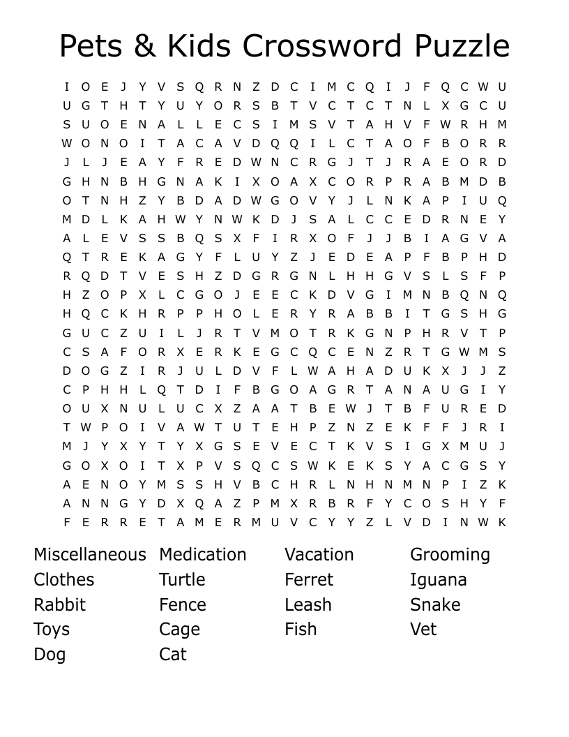 Pets & Kids Crossword Puzzle Word Search