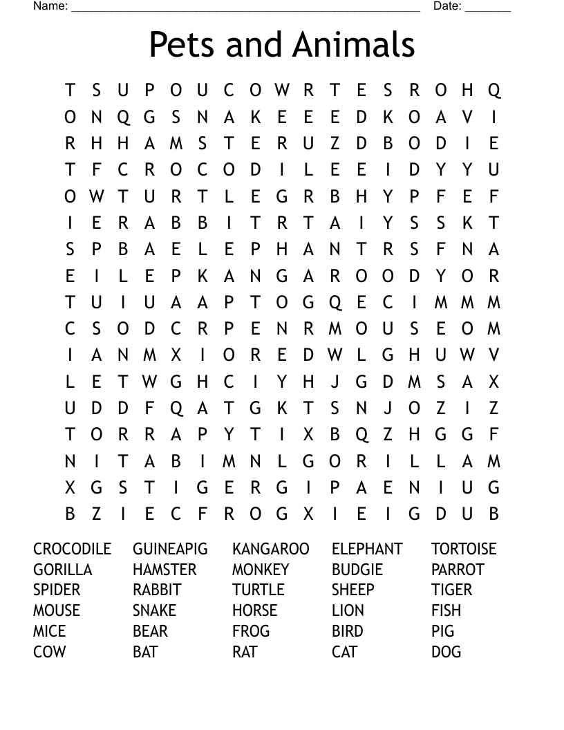 Pets and Animals Word Search