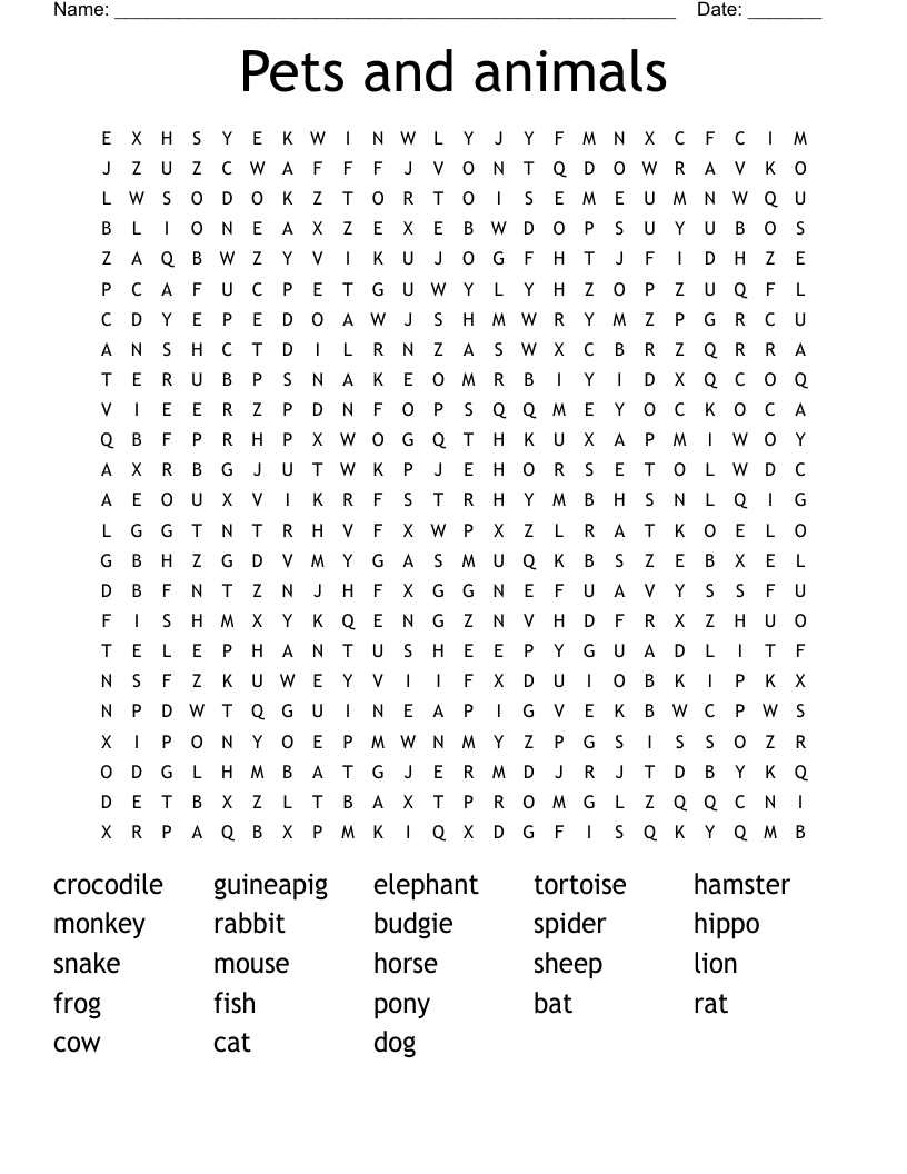 Pets and animals Word Search