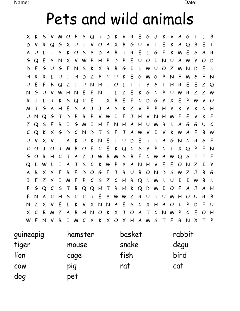 Pets and wild animals Word Search