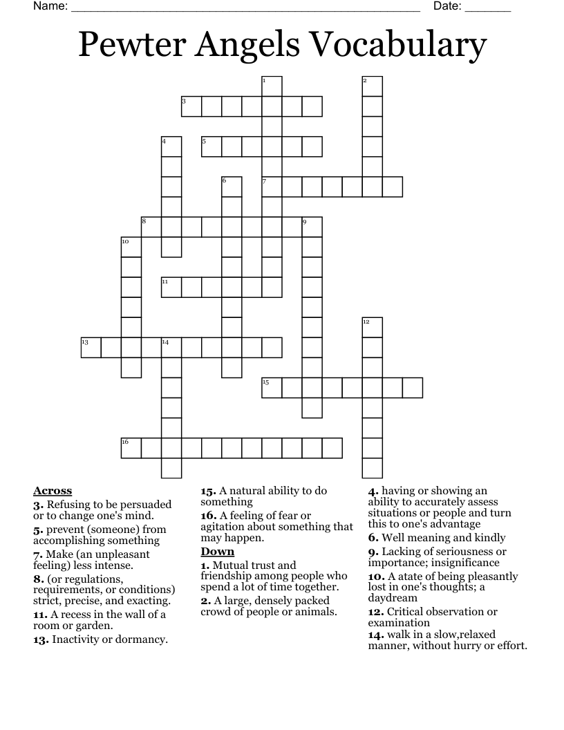 Pewter Angels Vocabulary Crossword