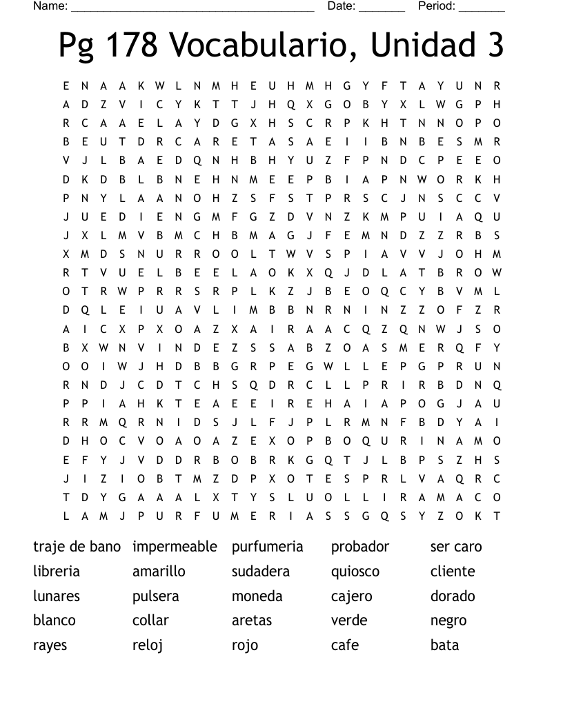 Pg 178 Vocabulario, Unidad 3 Word Search