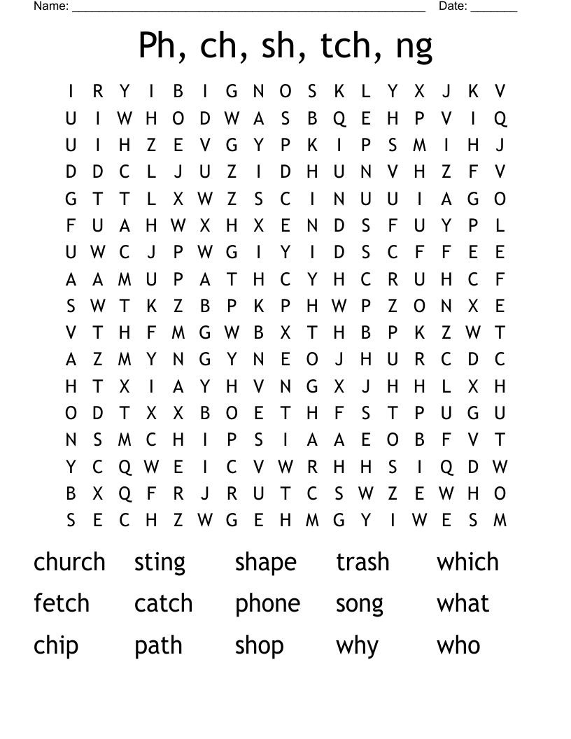 Ph, ch, sh, tch, ng Word Search
