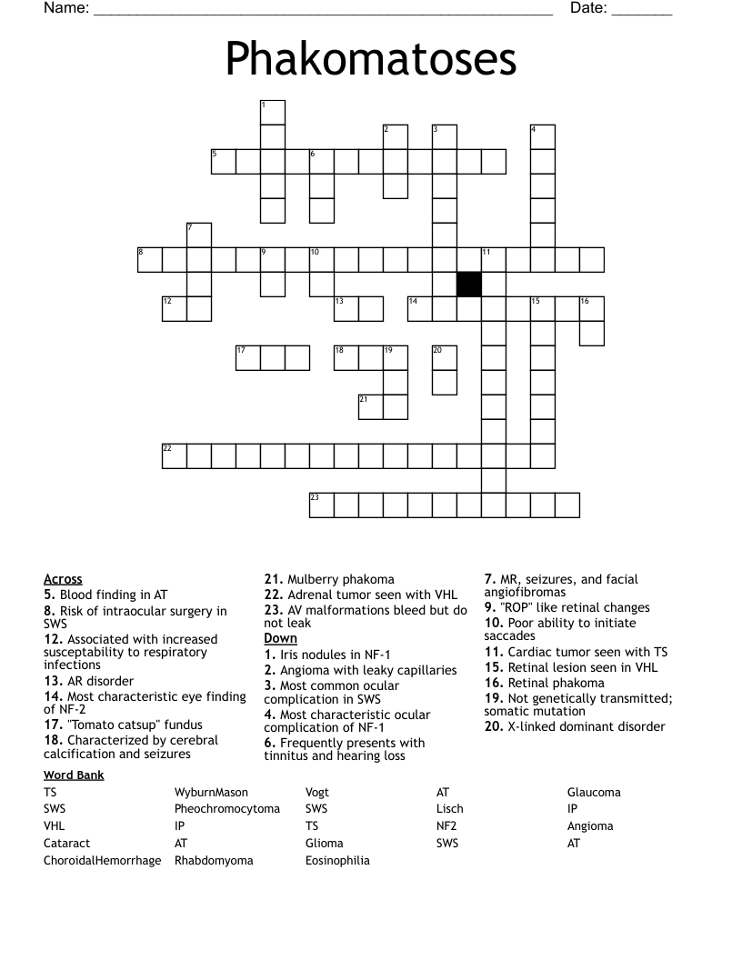Phakomatoses Crossword