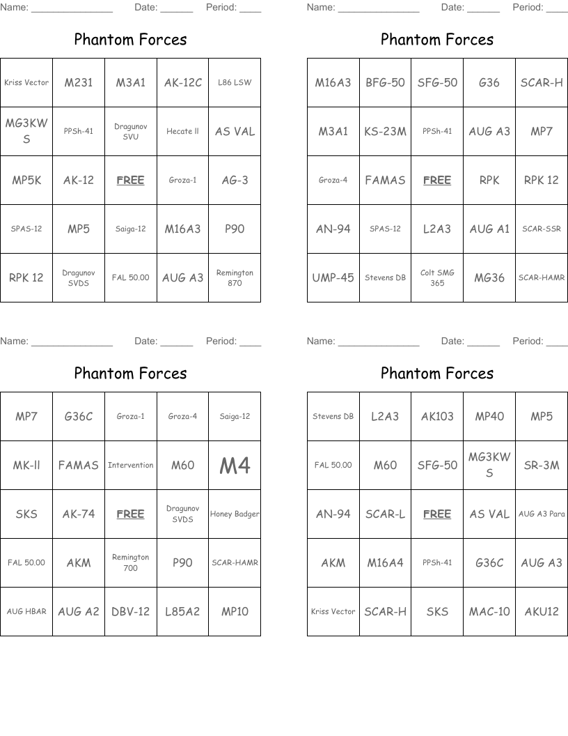 Phantom Forces Bingo Cards