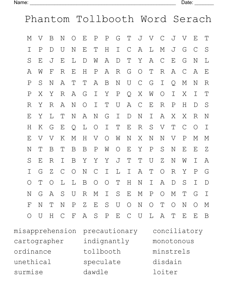 Phantom Tollbooth Word Serach Word Search