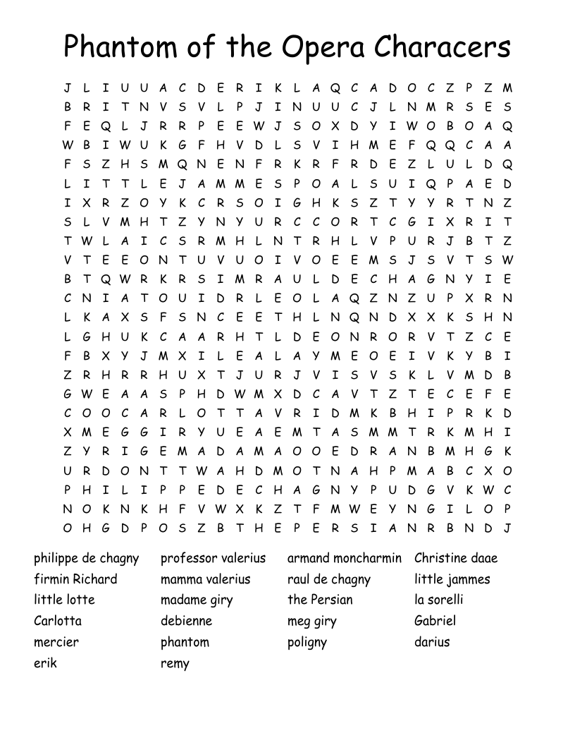 Phantom of the Opera Characers  Word Search