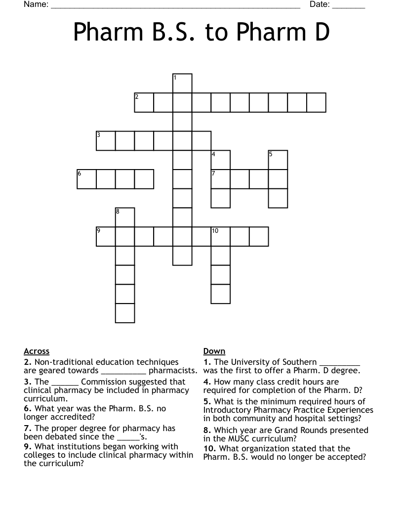 Pharm B.S. to Pharm D Crossword