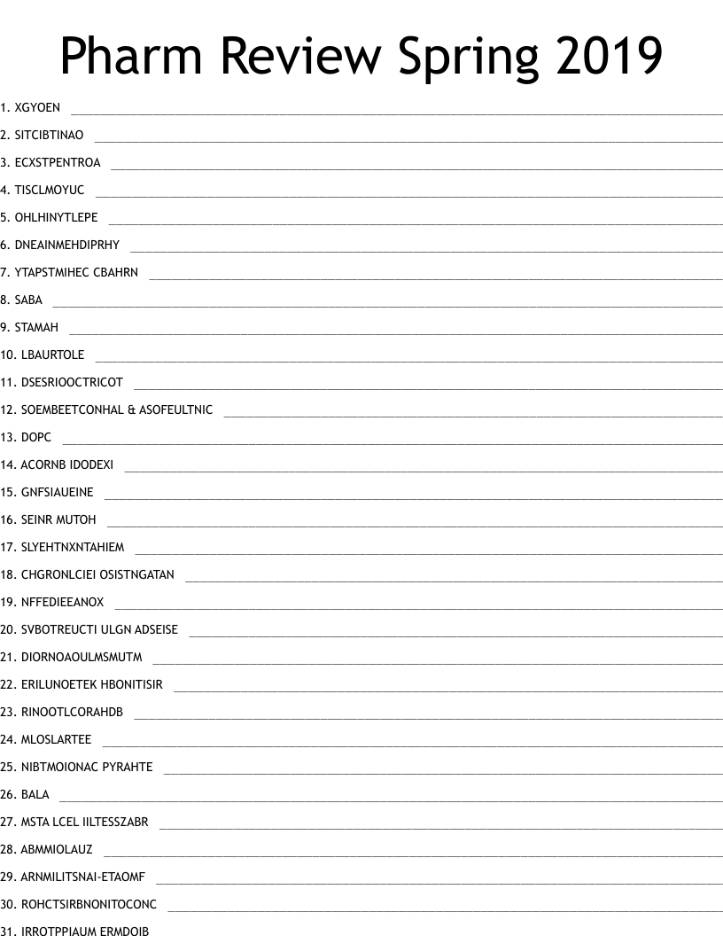 Pharm Review Spring 2019 Word Scramble