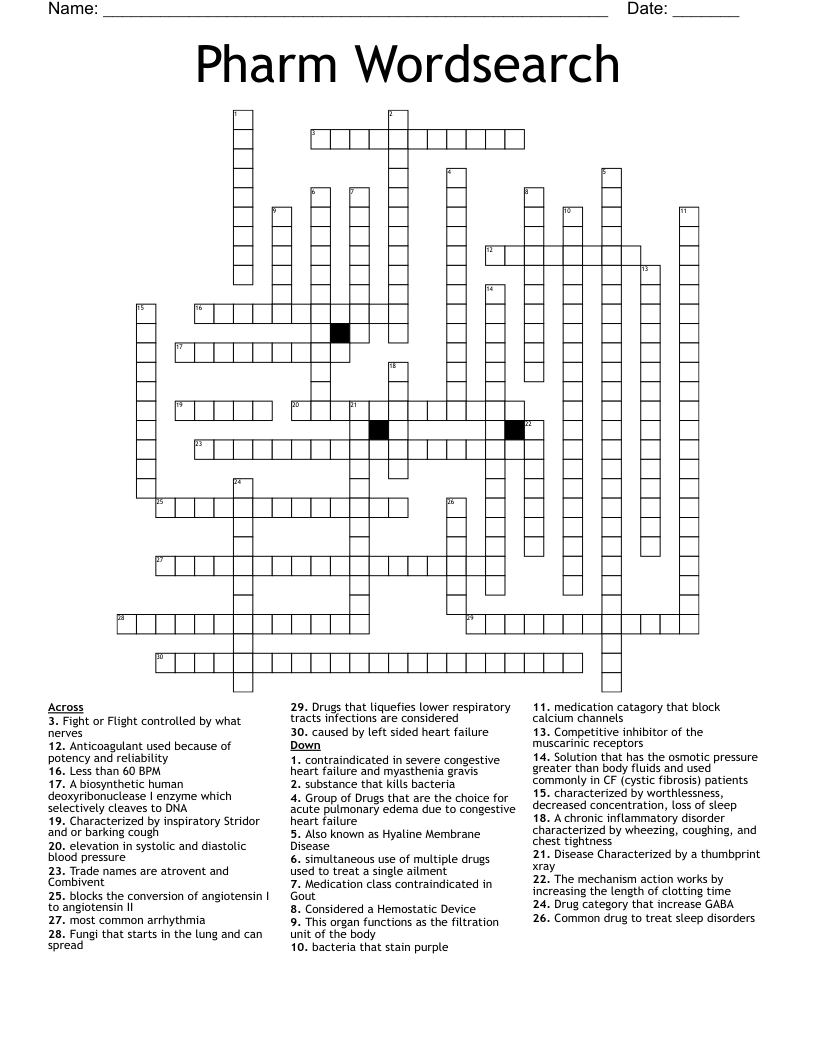 Pharm Wordsearch Crossword