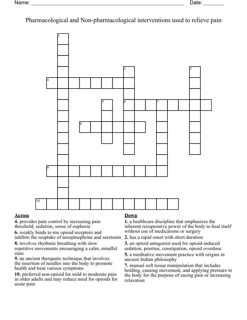 Pharmacological and Non-pharmacological interventions used to relieve pain Crossword