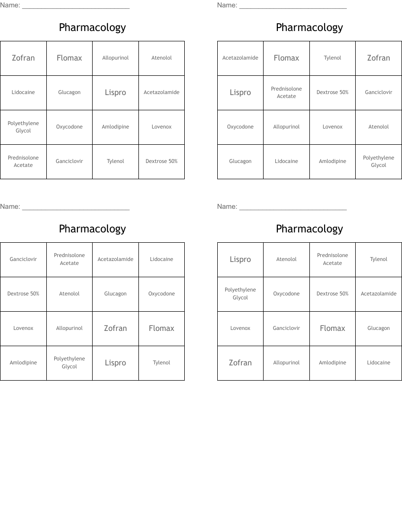 Pharmacology Bingo Cards