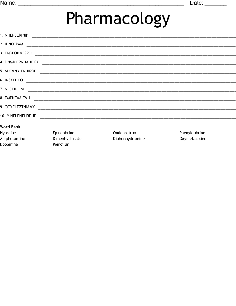 Pharmacology Word Scramble