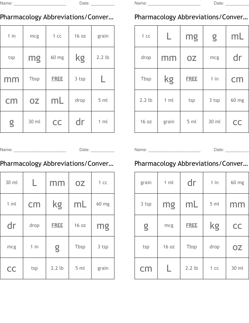 Pharmacology Abbreviations/Conversions 4 Bingo Cards