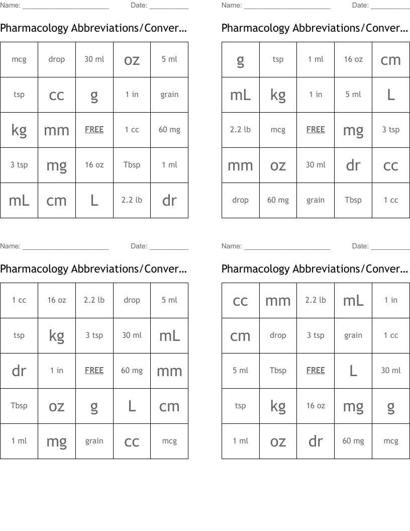 Pharmacology Abbreviations/Conversions 6 Bingo Cards