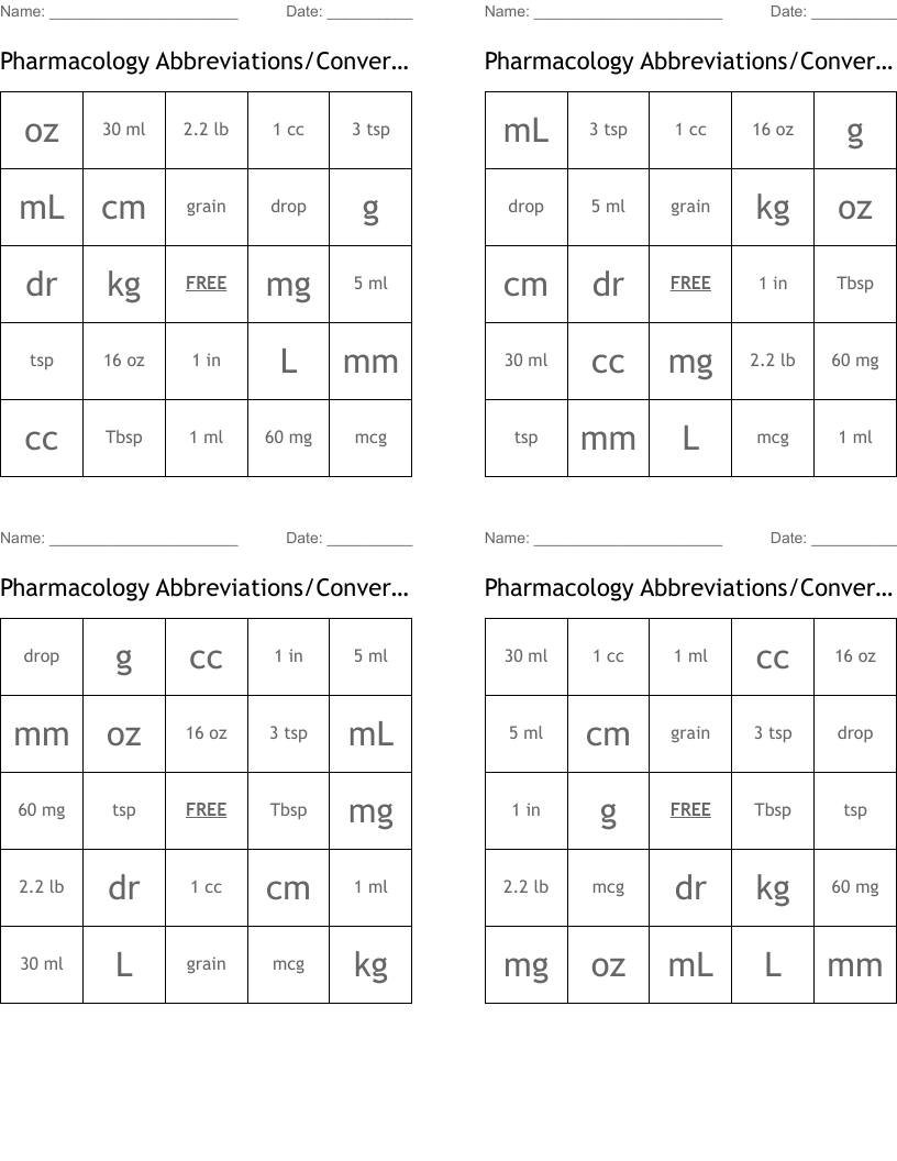 Pharmacology Abbreviations/Conversions 7 Bingo Cards