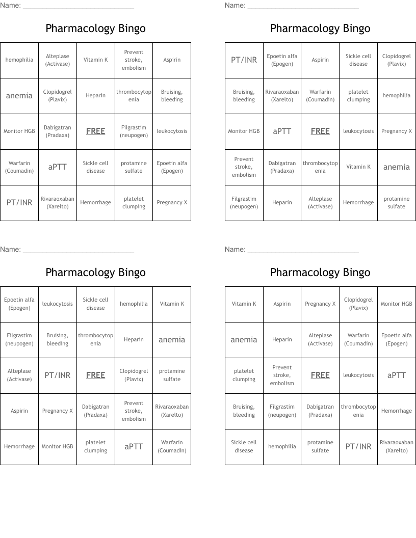 Pharmacology Bingo