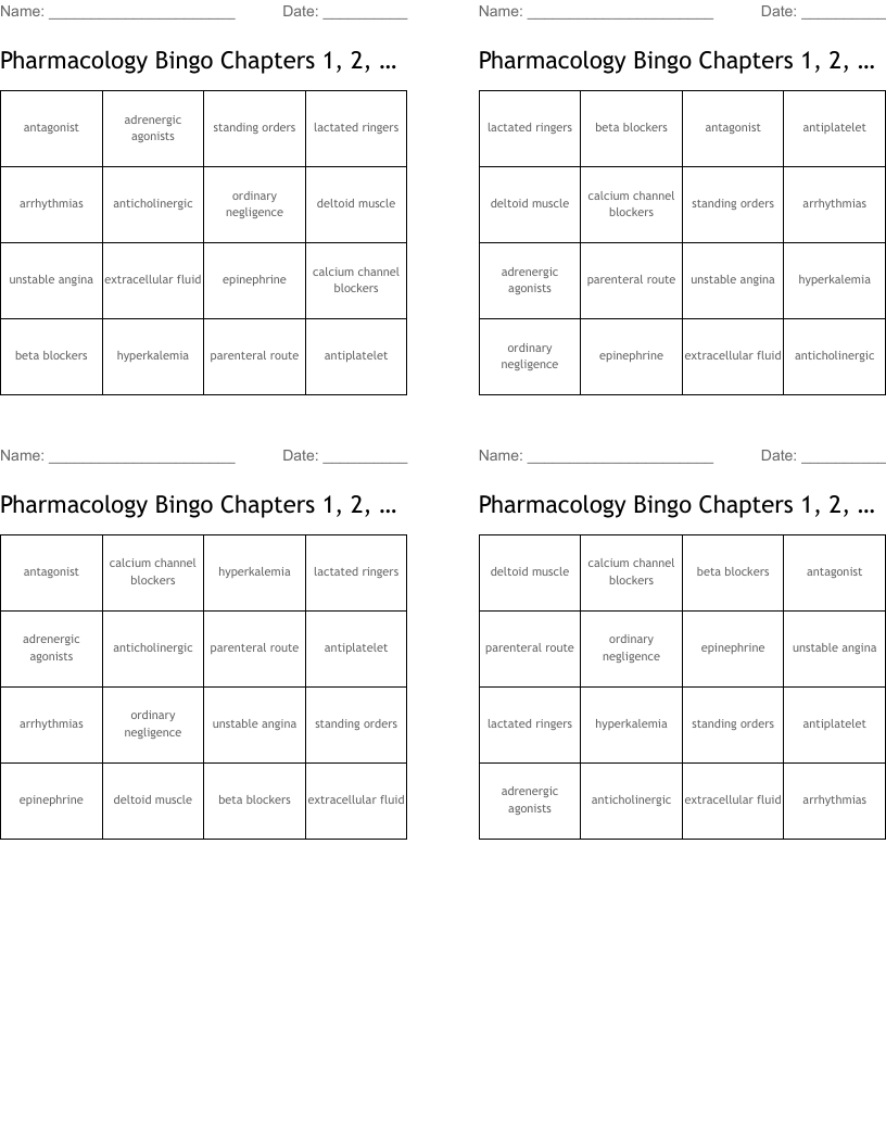 Pharmacology Bingo Chapters 1, 2, 3, 5,6,9