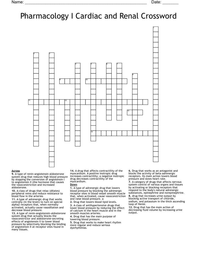 Pharmacology I Cardiac and Renal Crossword