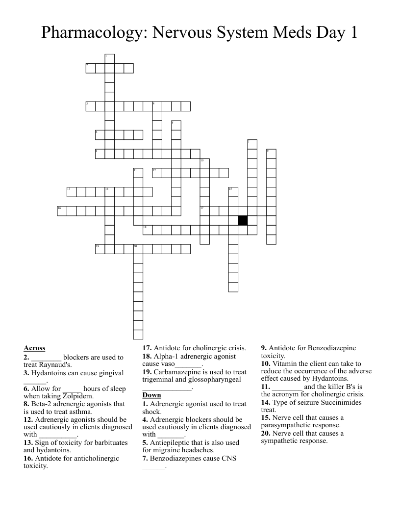 Pharmacology: Nervous System Meds Day 1 Crossword