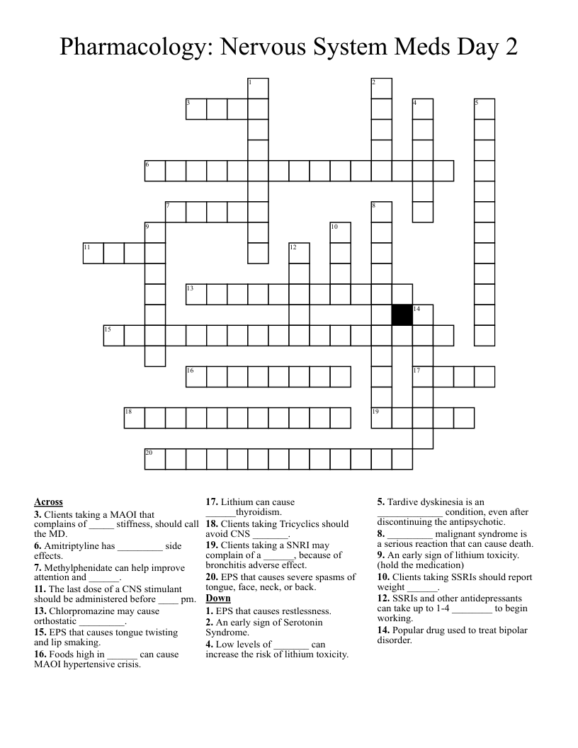 Pharmacology: Nervous System Meds Day 2 Crossword