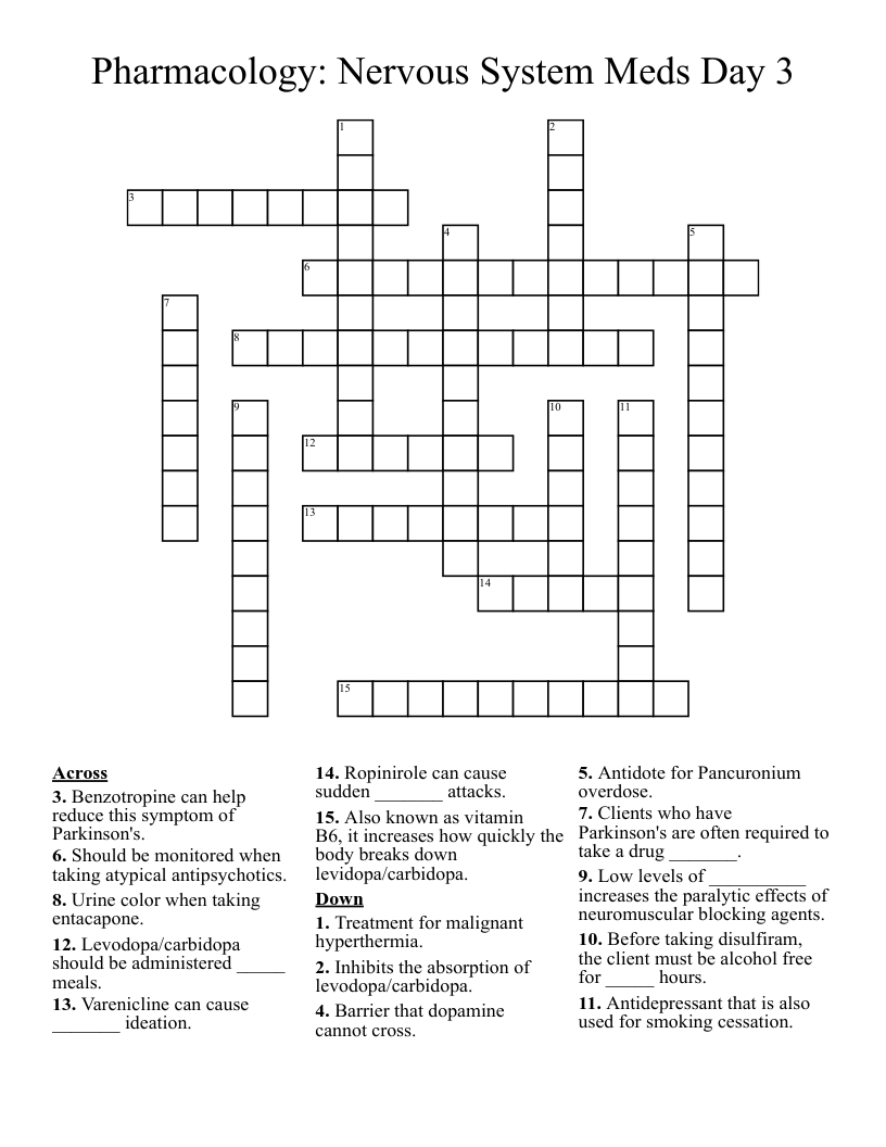 Pharmacology: Nervous System Meds Day 3 Crossword