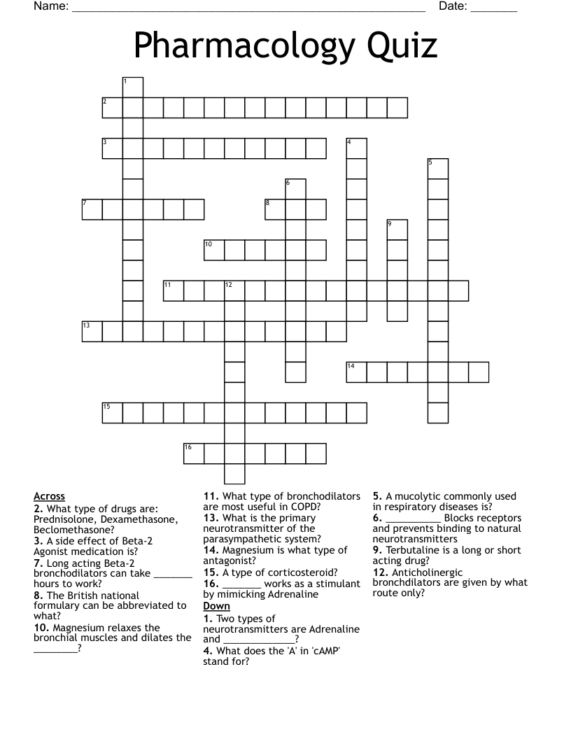 Pharmacology Quiz Crossword