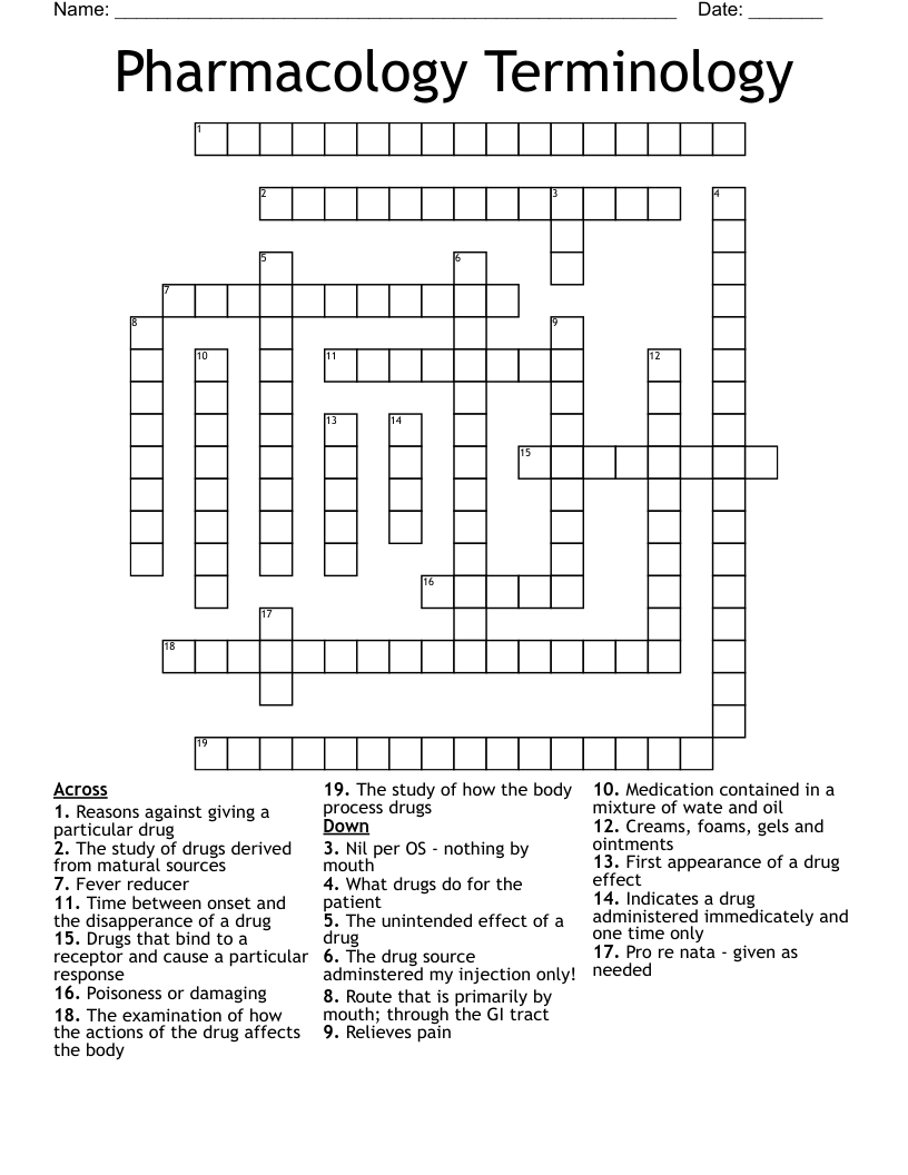 Pharmacology Terminology Crossword